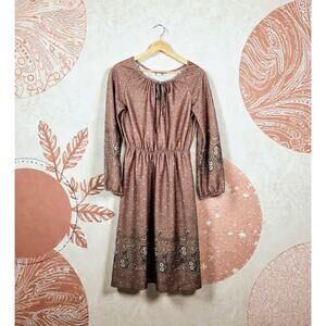 Vintage 70s Boho Paisley Keyhole Tan Dress  S M